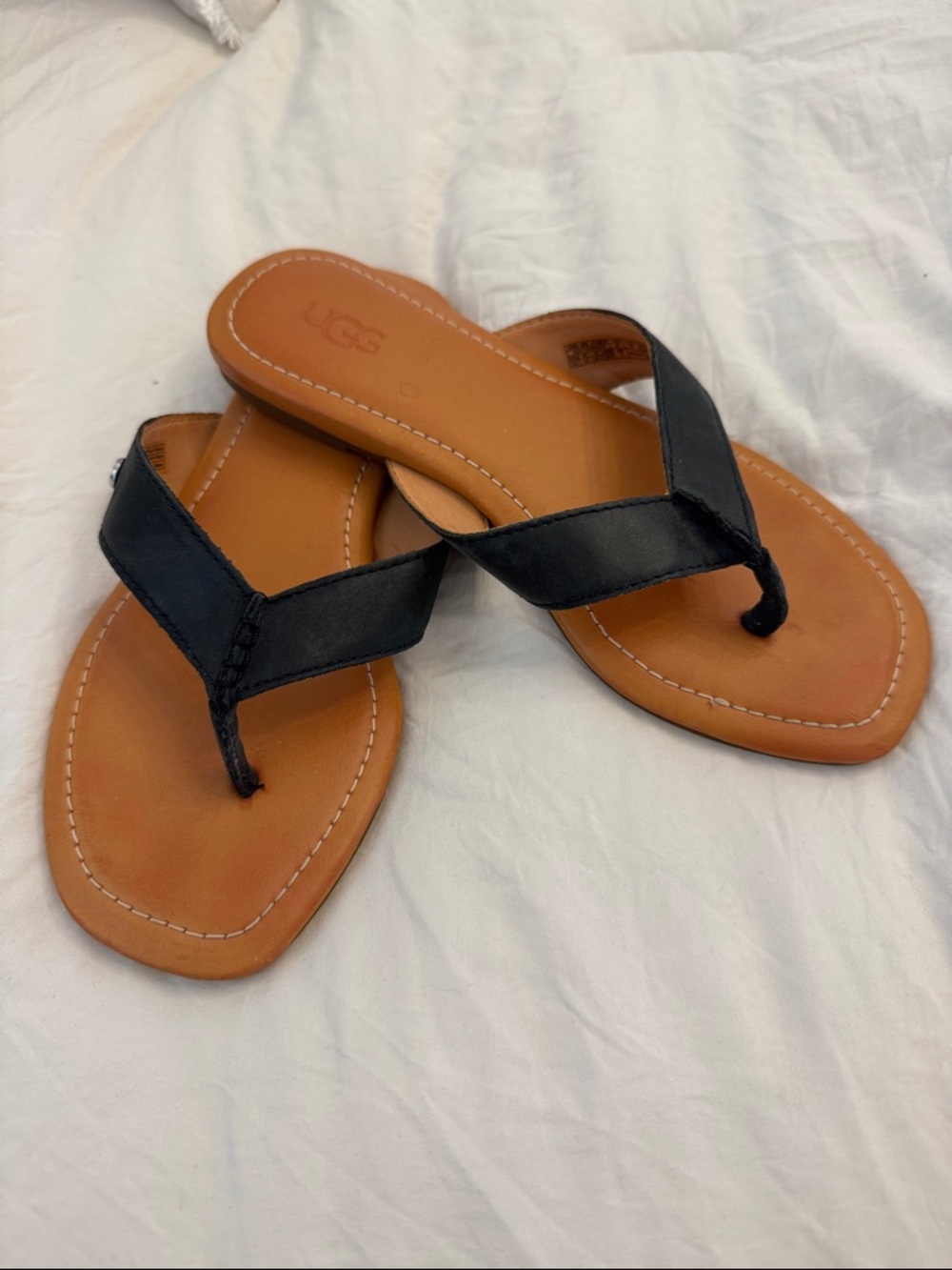 UGG Black Leather Thong Sandals with Tan Footbed